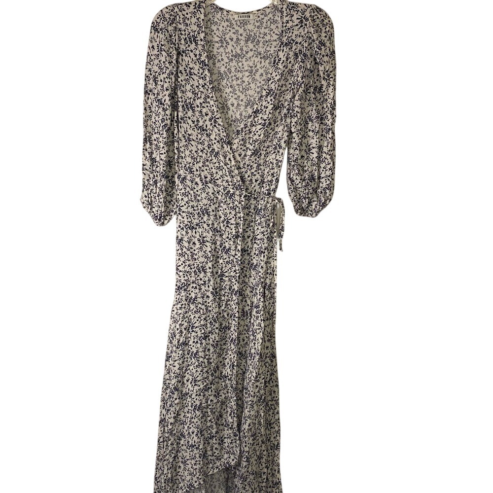 Farrow Floral Wrap V Neck Maxi Dress White Blue Small‎ Fairy Peasant Cottagecore